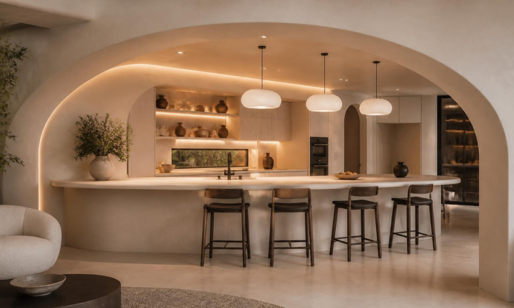 Double-width elliptical arch framing a breakfast peninsula