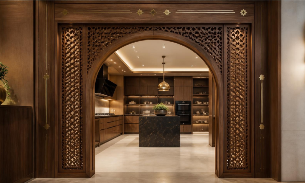 CNC-milled teak arch with brass inlays