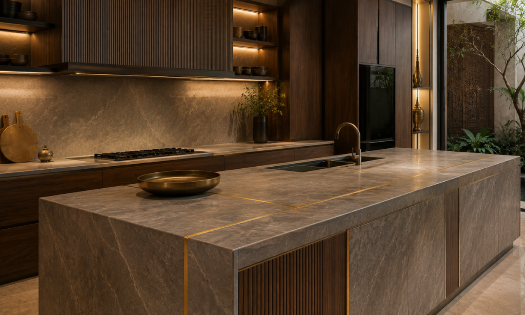 Brass inlay stone kitchen island