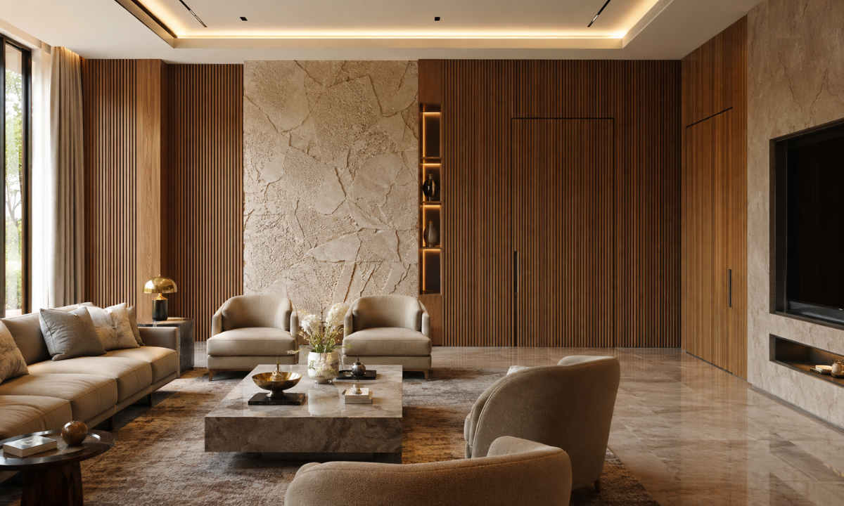 Fluted Timber & Hand-Carved Stone Feature Walls