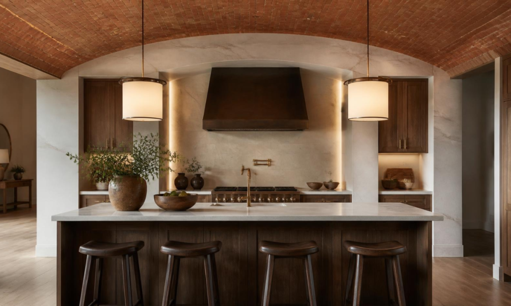 Terracotta brick arch with honed quartzite jambs