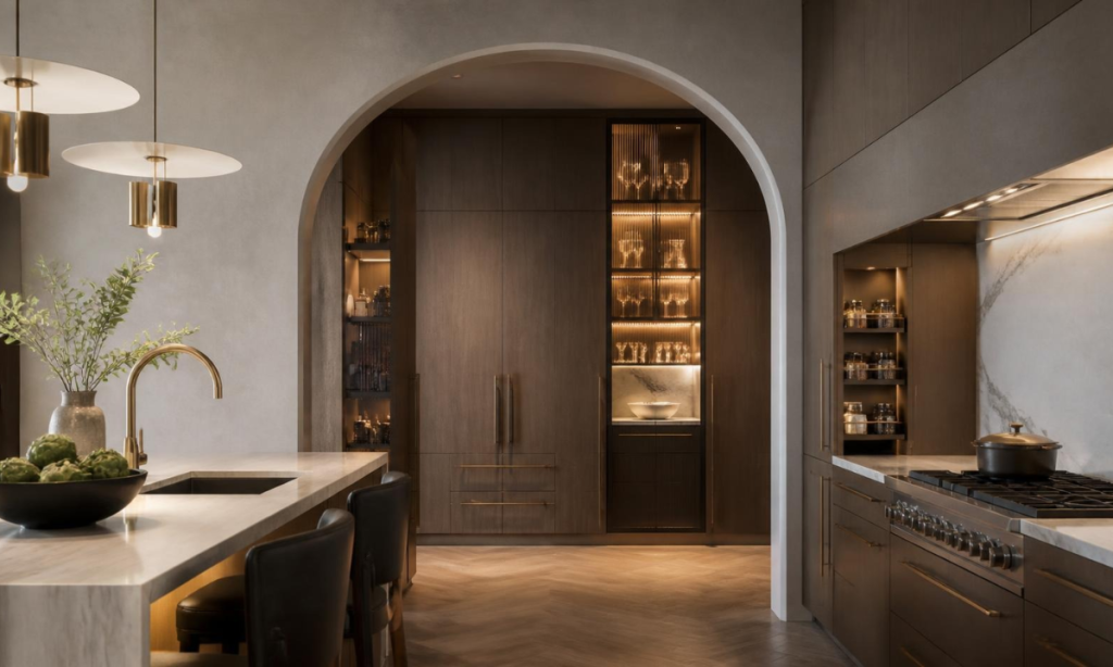 Integrated kitchen arch with concealed pantry and stemware display