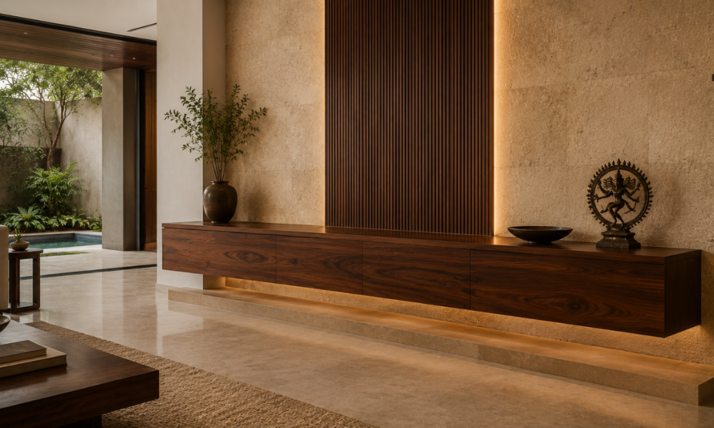 Floating rosewood and sandstone console