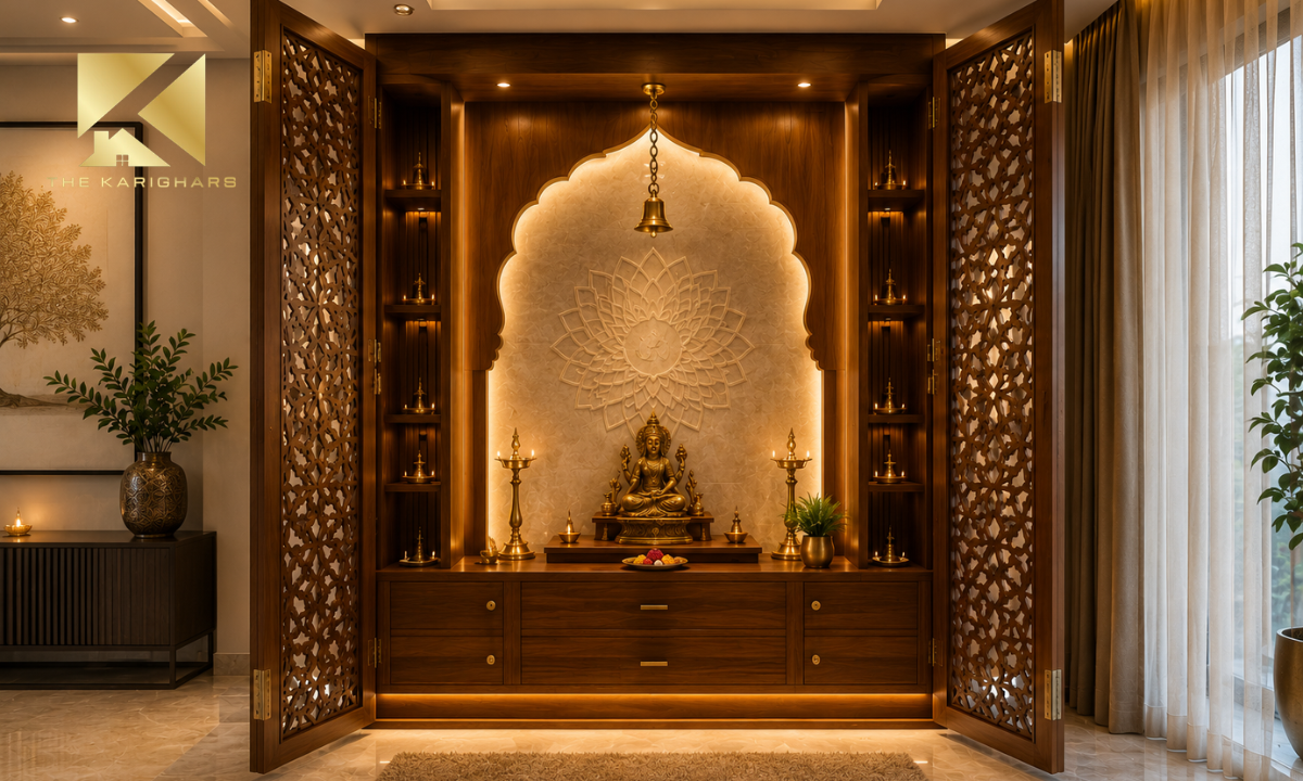 Beautiful wooden pooja room design for contemporary interiors