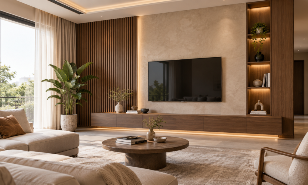 Bookmatched marble feature wall in a luxury living room
