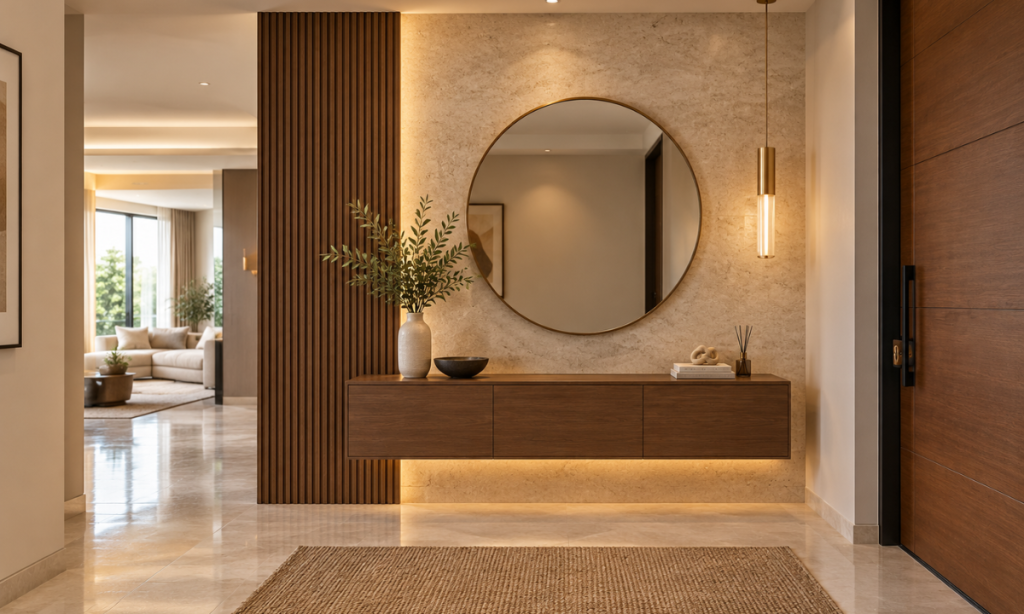 Bookmatched marble design in a luxury entrance foyer