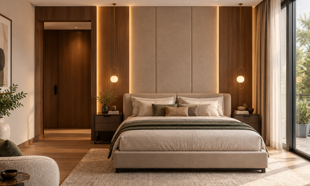 Bookmatched marble feature panels in a luxury bedroom interior