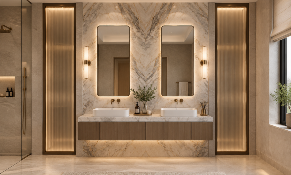 Bookmatched marble bathroom walls and elegant vanity backdrop