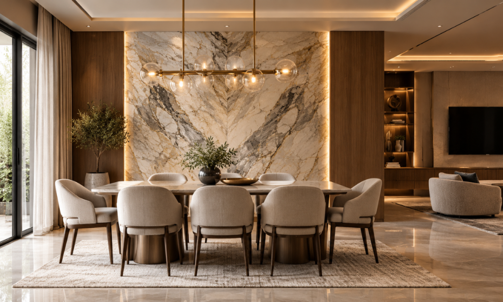 Bookmatched marble feature wall in a luxury dining and entertainment area