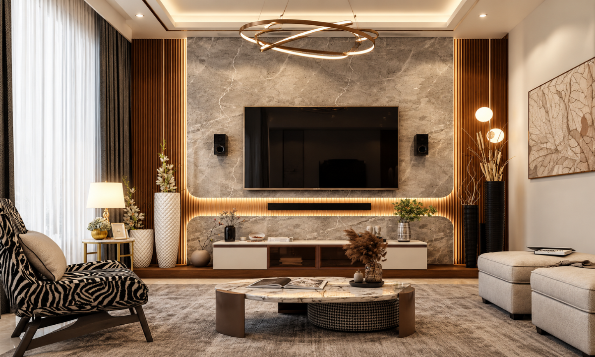Luxury home interiors featuring curated artwork, elegant walls and accent lighting.
