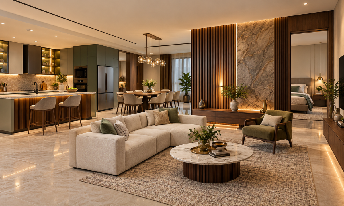 Luxury interior combining modular cabinets, custom furniture, and coordinated finishes.