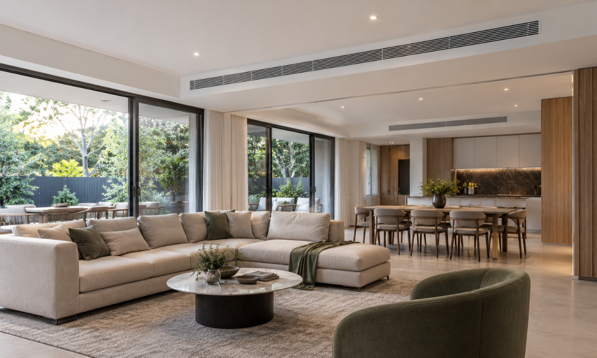 Living room with discreet ceiling-mounted AC vents.
