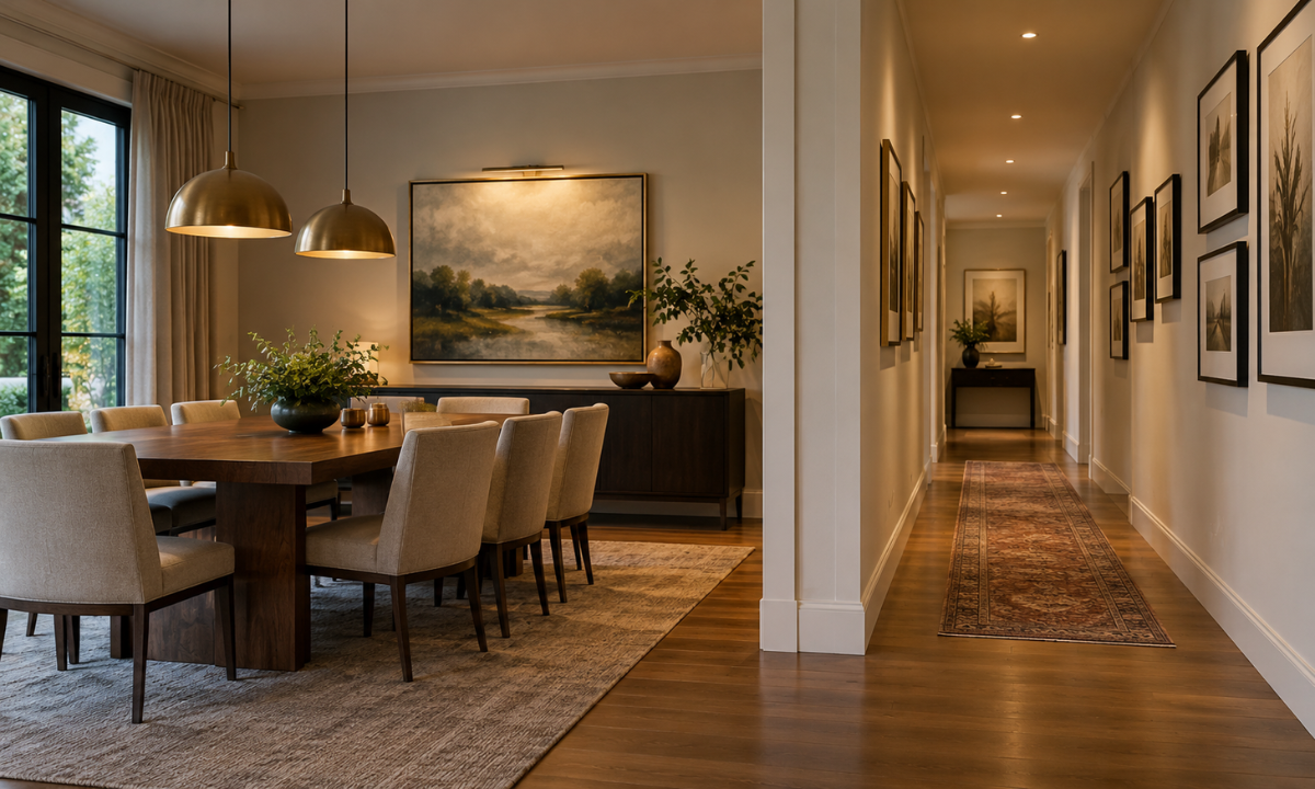 Elegant dining area and hallway featuring curated artwork.