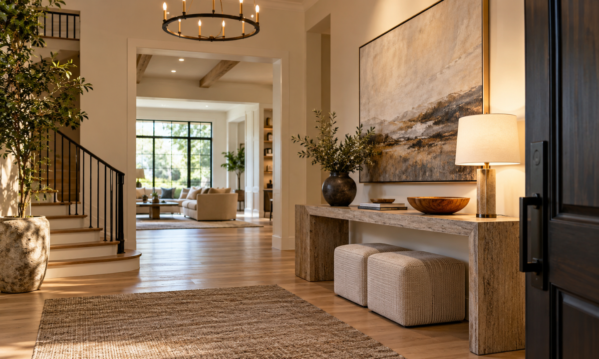 Stylish foyer with wall art and decorative console.