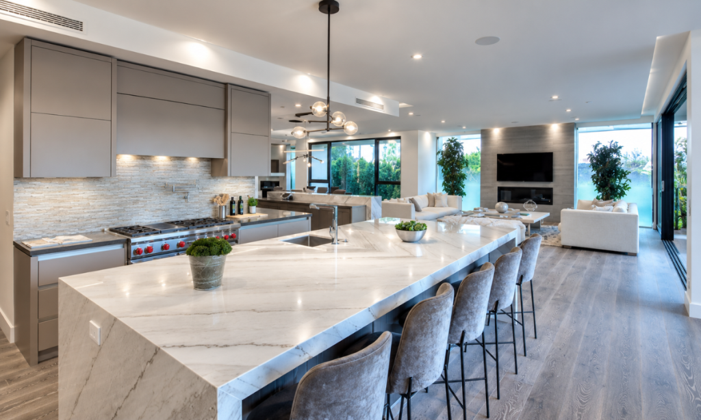 Furniture design for kitchen with marble island and tall pantry