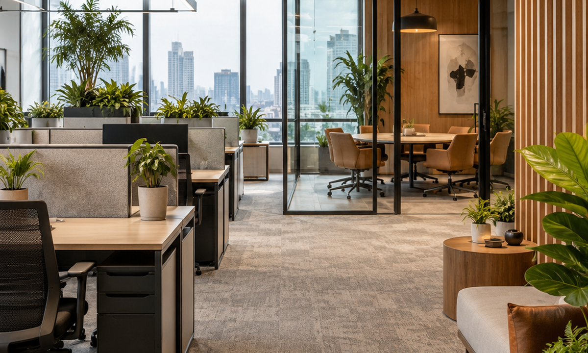 The image shows an elegant modern office with functional layout