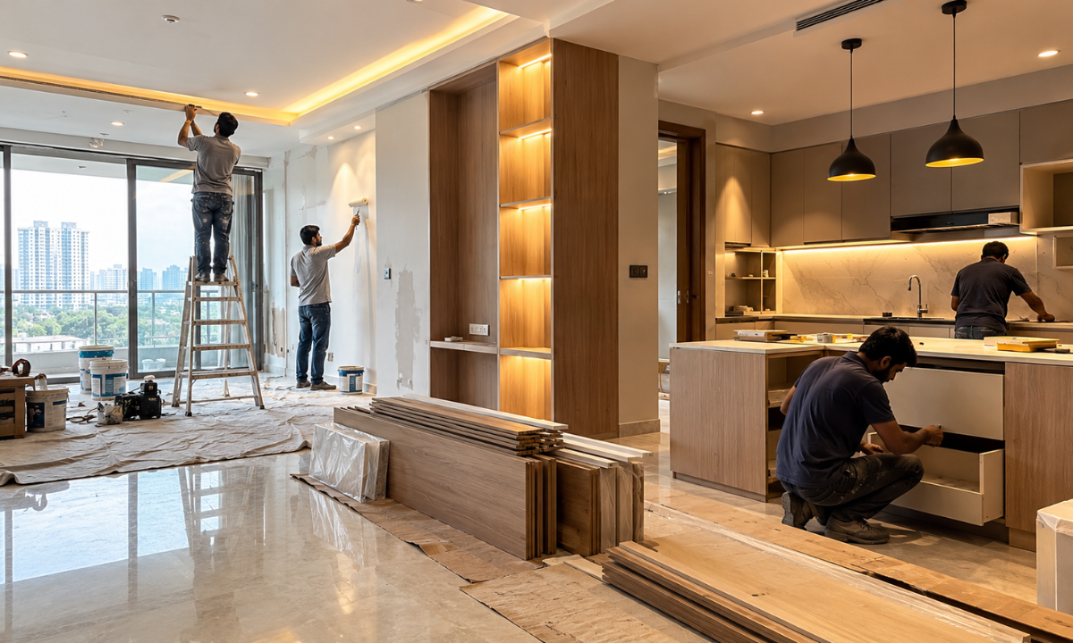 Installing modular cabinets and kitchen fittings.