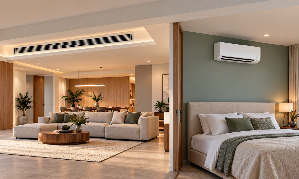 Home combining ducted and wall-mounted AC units.