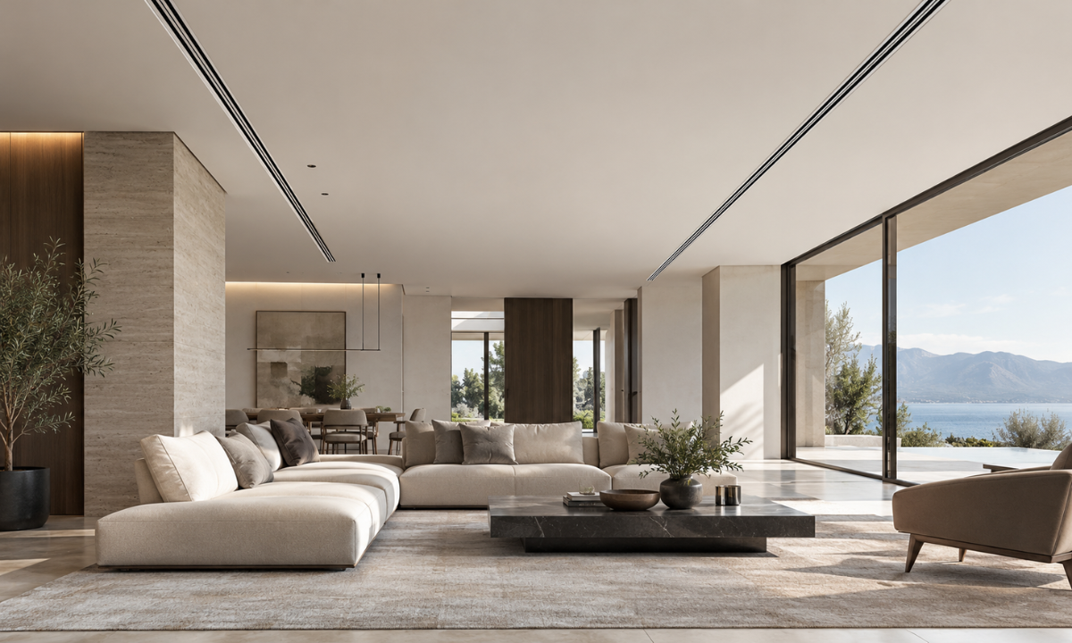 Minimalist ceiling with slim linear AC diffusers.