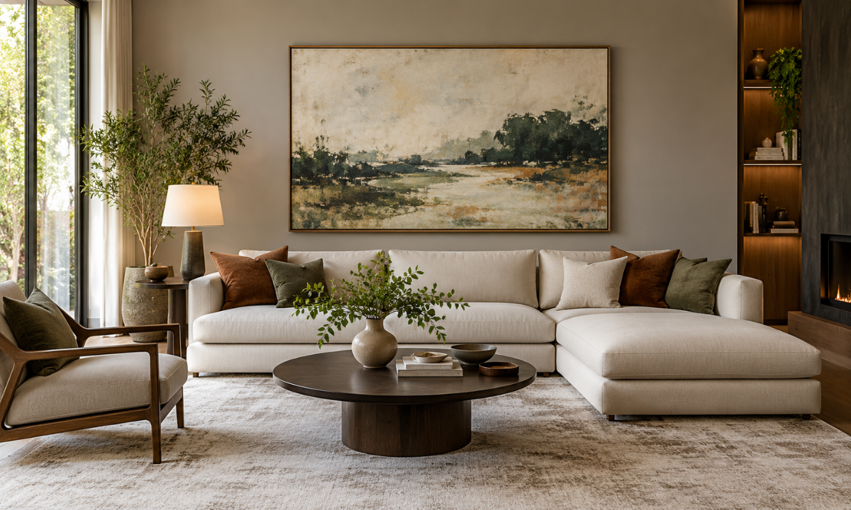 Statement artwork displayed on an elegant living room wall.