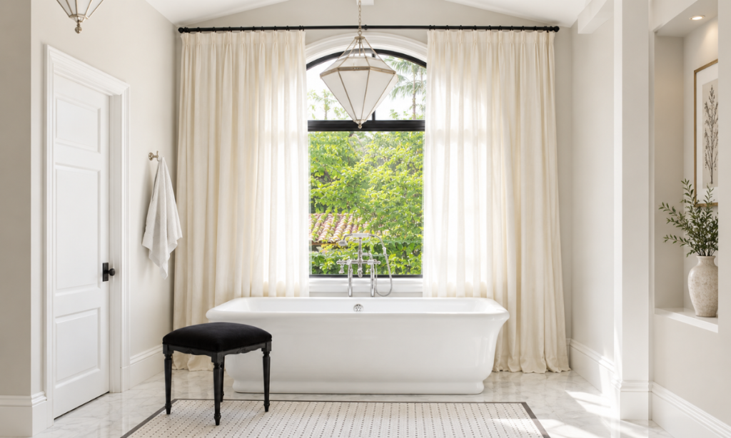 Luxury bathroom with natural light and plants near the window