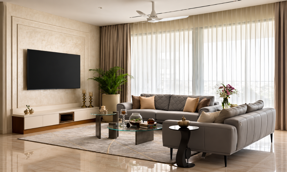 Modern apartment interiors with warm lighting and contemporary furnishings.