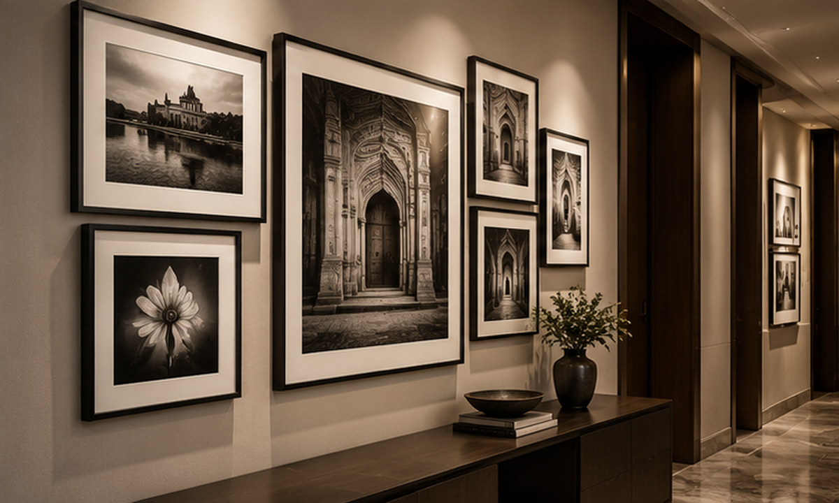 Curated photographs arranged in a stylish gallery wall.