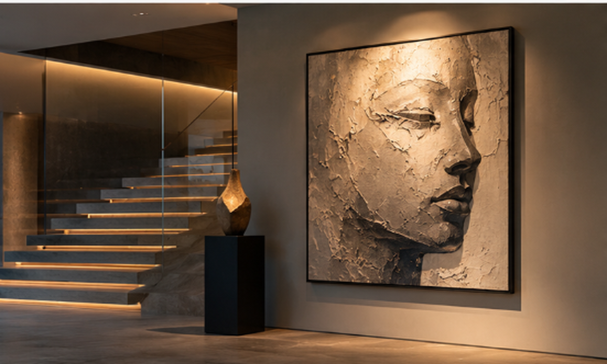 Textured portrait illuminated by warm accent lighting beside a modern staircase.