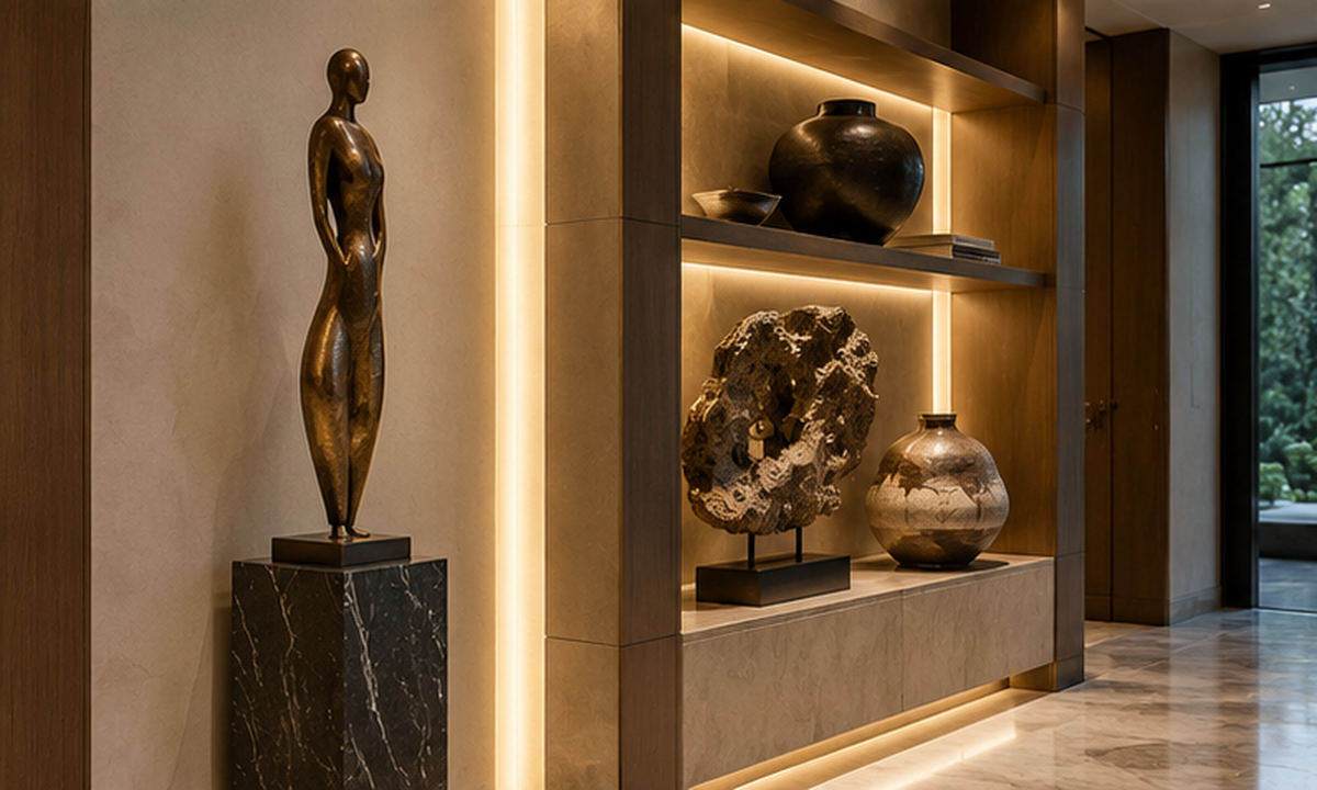 Decorative sculptures displayed on elegant pedestals.