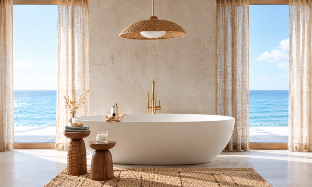Freestanding luxury bathtub beside a window with pendant lighting