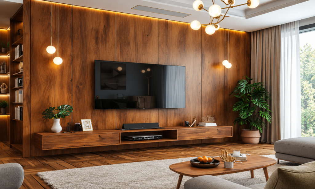 Modern tv unit design with fluted wall panelling