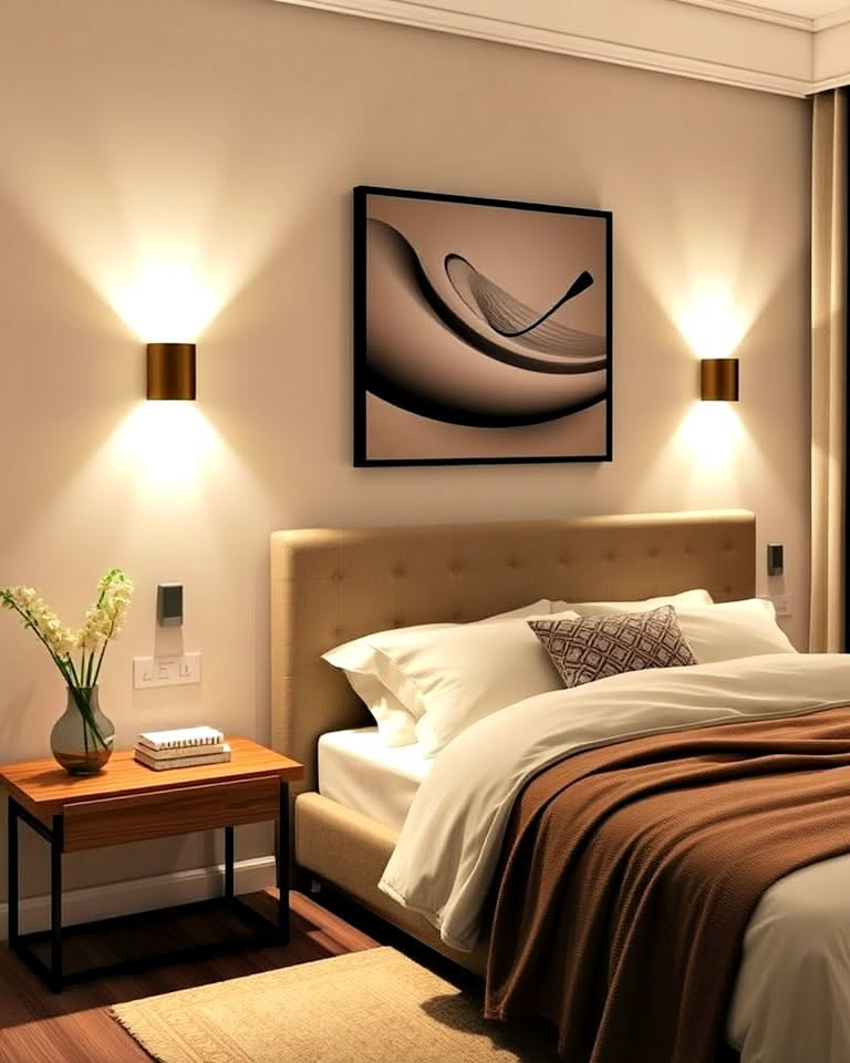 Luxury bedroom with warm bedside wall sconces