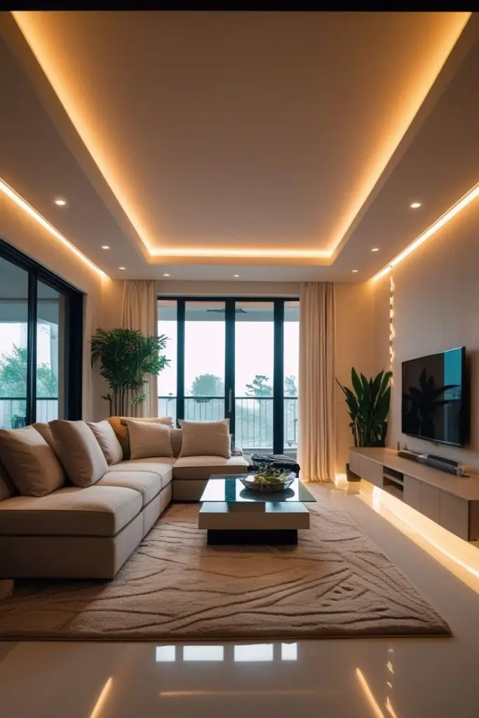 Ambient lighting through cove detail in a modern false ceiling