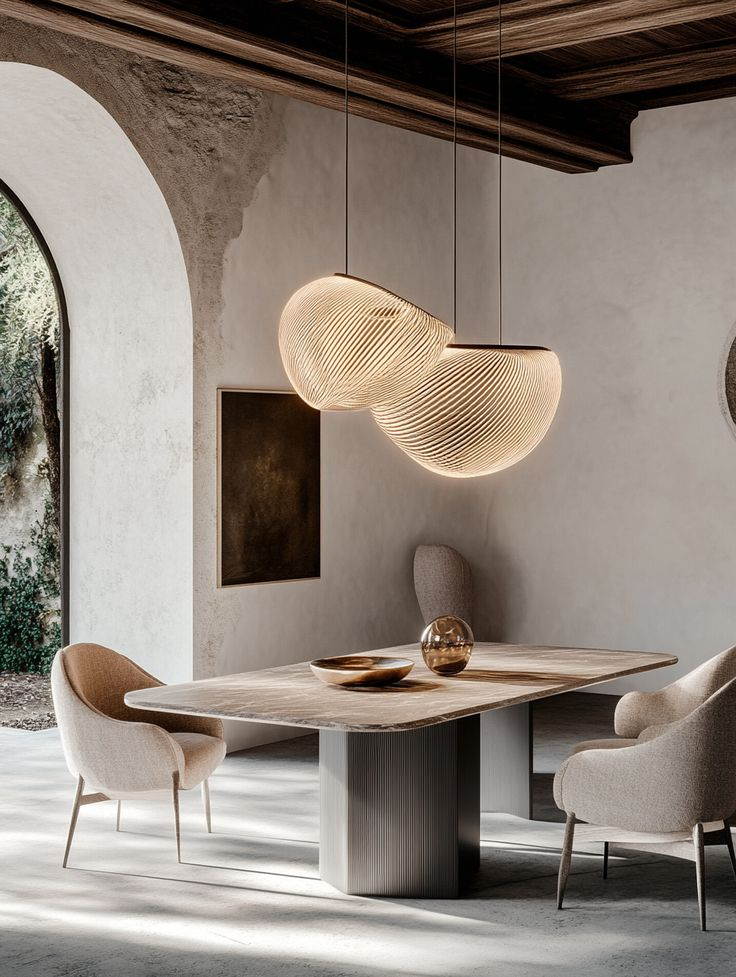 Sculptural lighting fixture above a dining table