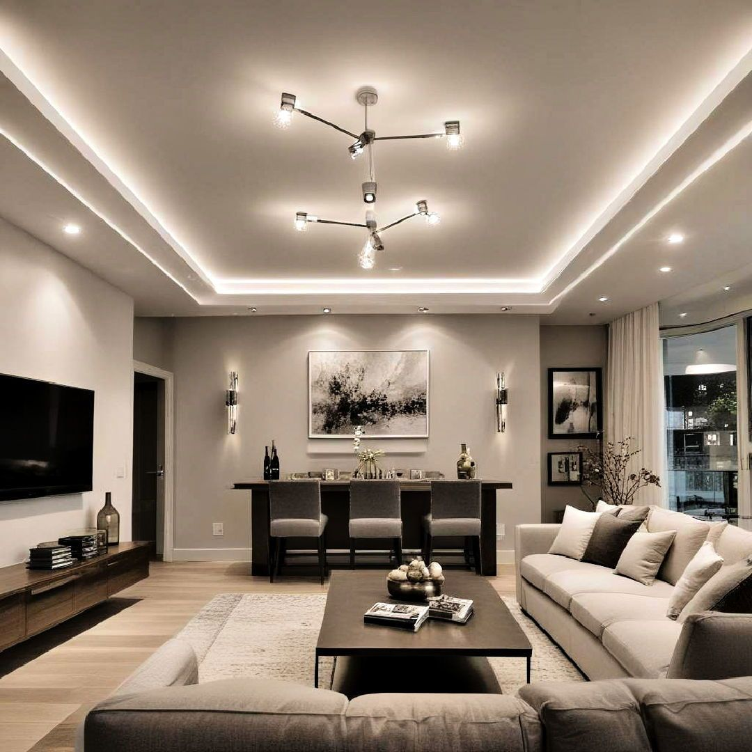 Layered interior lighting design with ambient, task, and accent light