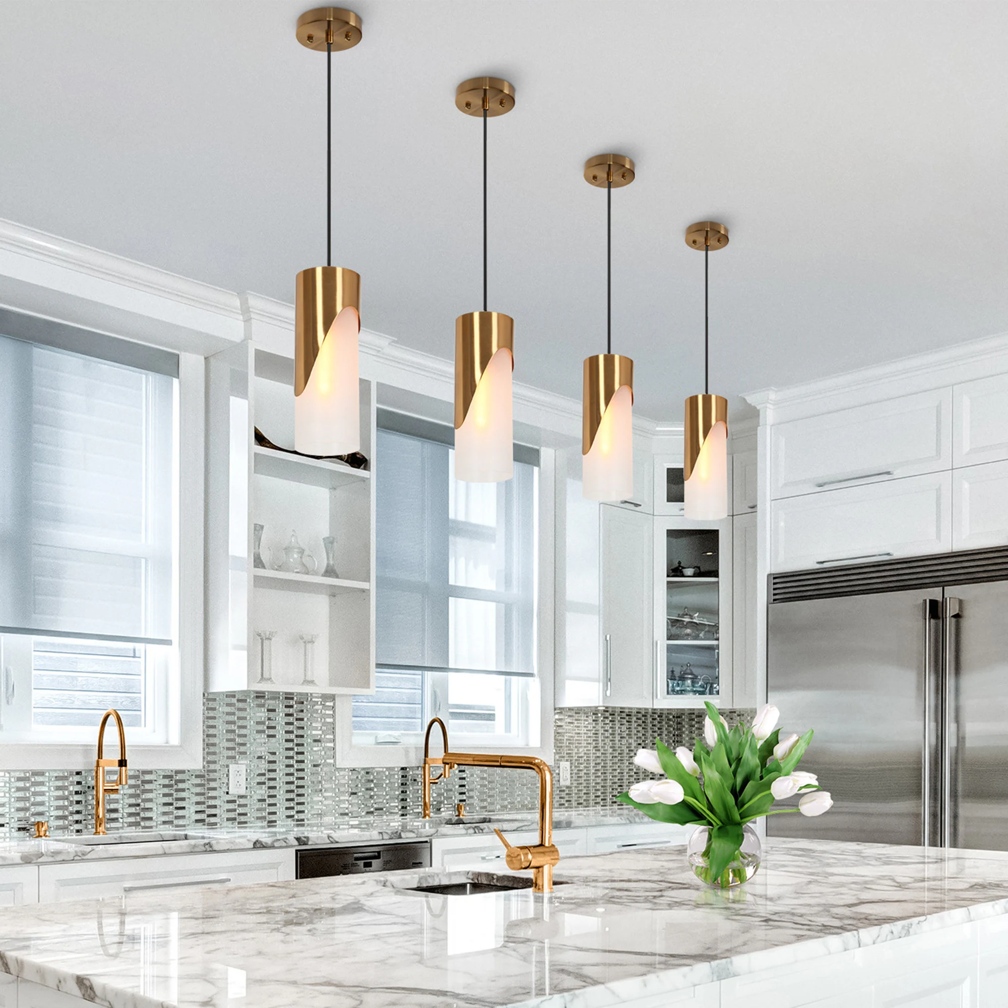 Modern kitchen island with layered pendant and under-cabinet lighting