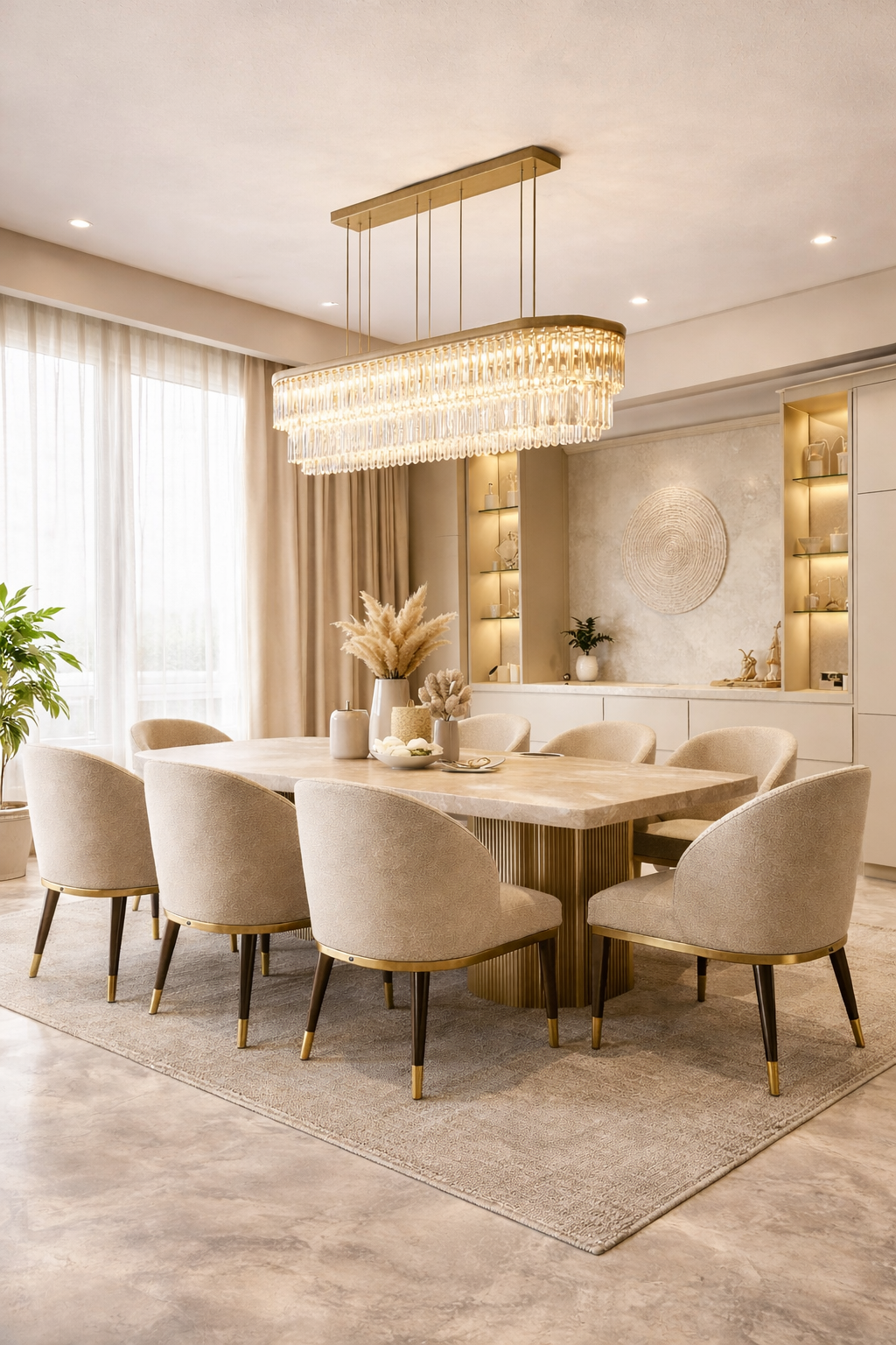 Luxury dining room with statement chandelier and sculpted chairs