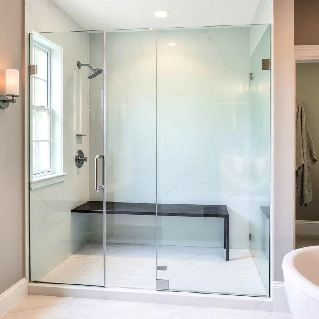 Walk-in luxury rain shower with teak bench and stone niche