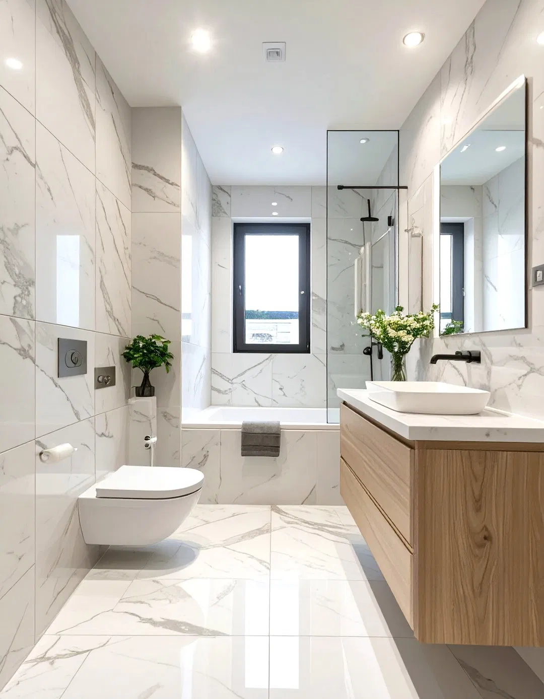 Luxury bathroom tile designs using large-format marble slabs