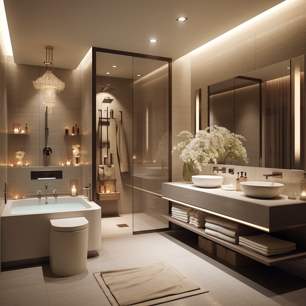Luxury bathroom with pale stone walls and timber joinery